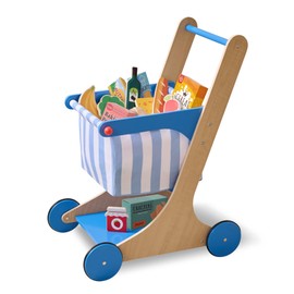 Teamson Kids Wooden Shopping Cart for Toddlers with 13 Pretend Grocery Accessories Push Walker Play Food Toy with Rolling Wheels Blue and White Striped Basket for Boys Girls Ages 3+ Safety Certified