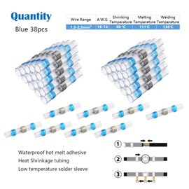 CTRICALVER Welded and Sealed Wire Joints, 38 Waterproof Heat Shrink Butt Joints, Wire Terminals, Marine Insulated Butt Joints (Blue)