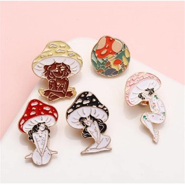 5Pcs Badge Mushroom girl Pins Brooches Enamel Lapel Pin Cute Mushroom Brooch Pin Pins Set Cartoon Mushroom Brooches for Backpack Cloths Hats Gifts