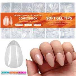 600 Piezas Tips para Uñas Soft Gel,Incluir 12 Tamaños,Uñas Postizas de Transparentes,Soft Gel Tips Acrilicas Postizas,Acabado Mate,No Requiere Lijado,Con Caja,para DIY Nail y Salones