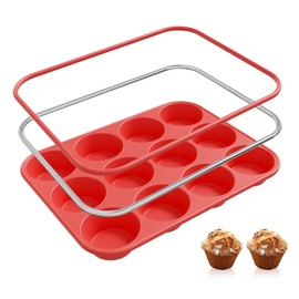 Silicone Muffin Pan for Baking with Metal Reinforced Frame, 12 Cups Regular Size Cupcake Pan Scarlet Red