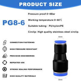 Pack of 15 6 mm to 8 mm Straight Pneumatic Connectors, Air Push Quick Attachments, Push to Connect Adapter Quick Release Reducer Fittings (PG6-8) (PG 8 mm-6 mm (15 Pieces)