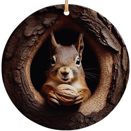 Decorlion 2024 Christmas Ornament - Squirrel in Tree Hole Ceramic Ornament, Christmas Decoration & Gift for Family, Friends & Squirrel Lovers