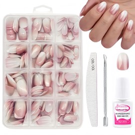 Cat Eye Press On Nails Kit - 240pcs Gradient Pink Glitter False Nails - Acrylic Short Oval False Nails - 12sizes Shiny Fake nails Ith Glue - Glossy Full Cover Stick On nails Kit For Women Girls