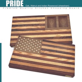 Organic Solid Wood Cutting Board – Walnut, Oak & Indian Rosewood, Large Non-Toxic Hardwood Chopping Board with Handle, American Flag Design & Back Compartment, Multi-Functional Charcuterie, Edge Grain - Size: Small