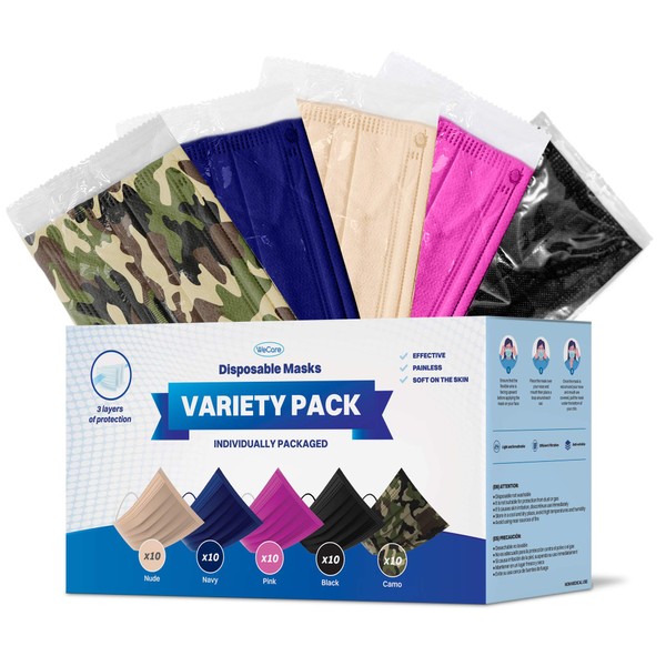 WeCare Disposable Face Mask Individually Wrapped - 50 Variety Color Pack - 3 Ply