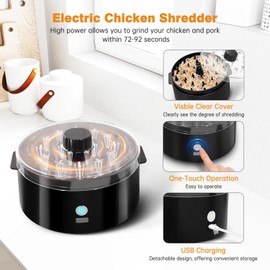 Electric Chicken Shredder, Automatic Meat Shredder Tool Twist, USB Rechargeable Chicken Grinder Machine, with Brush & Fork, Suitable for Chicken Meat Beef Pork Breast, Dishwasher Safe (Black)