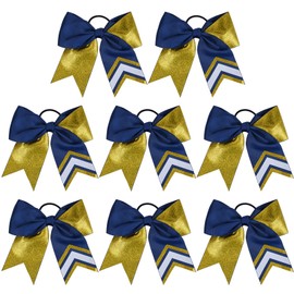 DEEKA 8PCS 8" Two Toned Large Glitter Cheer Bows Shiny Cheer Hair Bows Ponytail Holder Handmade for Cheerleader Girls Softball Sports -g Gold/Navy