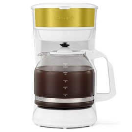 Holstein Housewares 12-Cup Drip Coffee Maker with Auto Keep Warm and Permanent Filter - Compact and User Friendly Design in White/Gold Color with Auto Pause and Serve Functions