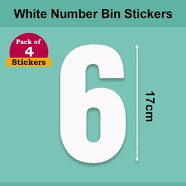 Pack of 4 White Wheelie Bin Number 6 Stickers (17 cm) Waterproof Bin Stickers Packwith® #PBN10-6