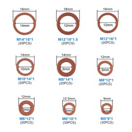 AEDIKO 200pcs Copper Washer Assortment Set Copper Metric Sealing Washers Copper Flat Washer Gasket M5-M14