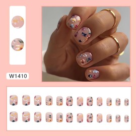 Extra Short Press on Nails Square Fake Nails Flower Designs - LPOODDNU 24 Pcs Spring False Nails Cute Small Acrylic Press on Nails Stick on Nails Reusable Artificial Nails for Women Manicure Supplies