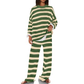 SENSERISE Womens Lounge Sets Oversized Sweater Set Striped Long Sleeve Tops and Pants Pajamas with Pockets, Green, M