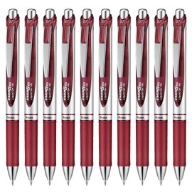 Pentel Gel Ink Ballpoint Pen, EnerGel Retractable 0.7mm, Silver Barrel, BL77-BG, Burgundy, 10 Count