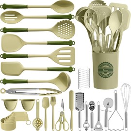 Kikcoin 43Pcs Kitchen Utensils Set - Silicone Cooking Utensils Set, Dishwasher Safe Spatula Set for Non-stick Cookware, 446°F Heat Resistant Kitchen Utensils Set with Holder BPA Free, Avocado Green