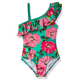 Kanu Surf Girls' Morgan Floral Ruffle 1-Shoulder 1-Piece Swimsuit, Flower Power Pink/Green, 10