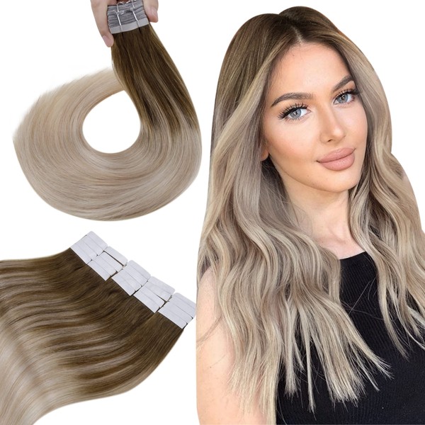 Hetto Real Hair Tape-In Extensions, Balayage, Light Brown with Dark Ash Blonde to Platinum Blonde, No.8/18/60, Straight, 40 g, 30 cm