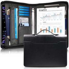 IYGHV Leather Portfolio Binder with Handle & Clipboard, Zippered Padfolio Folder Organizer 3 Ring Binder for Document, Business Card Holder, Professional Portfolio Notebook for Men & Women (Black)