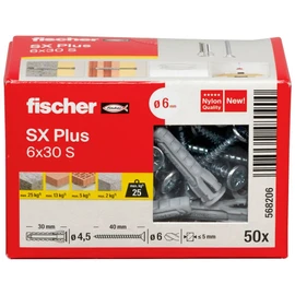 fischer Expansion dowels SX Plus 6 x 30 S, box of 50 nylon dowels and matching screws, dowels for optimal hold for fixings in concrete, solid brick, aerated concrete, perforated bricks and much more.