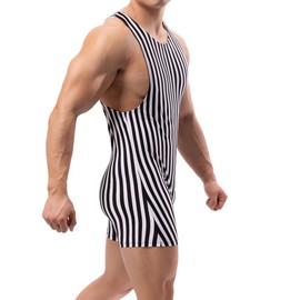 Men's Fashion Striped One Piece Bodysuit Wrestling Singlet Athletic Leotard Gym Sportswear Undershirt, Small Stripe, XL