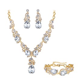 BriLove Bridal Jewellery Set for Wedding Women Multi Teardrop Cluster Crystal Statement Necklace Dangle Earrings Link Bracelet Clear Gold-Tone