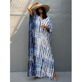Moss Rose Women Summer Caftan Coverups Dress Kimono Beach Vacation Wear V Neck Print Maxi Boho Dress