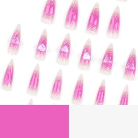 24 Pcs GRITOSE Long Press on Nails Almond Fake Nails with 5D Heart-Shaped Designs Acrylic Full Cover False Nails with Glue Pink Stiletto Nails Press ons Reusable Stick on Nails for Women Cute Nails