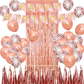 Braty Decorations Happy Birthday Rose Gold Banner Decoration Set with Confetti Balloons and Rose Gold Balloons, Rose Gold Foil Tassel and Rose Gold Foil Curtain, Rose Gold Birthday Decoration