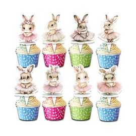 24 Pcs Bunny Cupcake Toppers - Adorable Pink Tutu Rabbit Picks for Kids Parties, Baby Showers & Baking Decorations