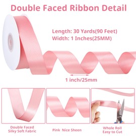 Double Faced Pink Satin Ribbon, 30 Yards 1 Inch Pink Ribbon Stocking Stuffers for Crafts Flower Bouquet Gift Wrapping Wedding Party Christmas Decorations
