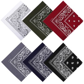 Nymora 6-Pack Paisley Bandana Set - 100% Cotton Kerchiefs in White, Green, Red, Gray, Navy, Black