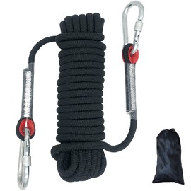 Outdoor Climbing Rope Diameter 10mm Outdoor Static Rock Climbing Rope, High Strength Cord Safety Rope Braid Nylon Rope, Escape Rope Fire Rescue Parachute Rope with 2 Carabiner, Black Length 10m