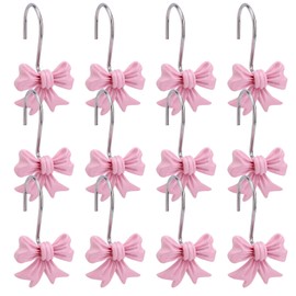 12pcs Bow Knot Shower Curtain Hooks, Decorative Bathroom Bow Hangers Cute Metal Curtain Rings for Bathroom Baby Room Nursery Art Decor (Pink)