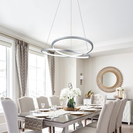 MADEM Room Decor Modern Pendant Light Chic Circular LED Chandelier 47W Dimmable Irregular Pendant Lighting Adjustable Lighting for Kitchen Living Dining Room Bedroom, 6000K Cool White,Silver