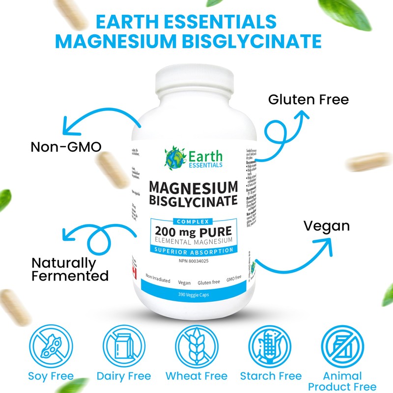 Earth Essentials Magnesium Bisglycinate, 390 Veggie Capsules, Superior Absorption, 200