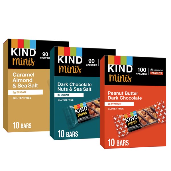 KIND Bar Minis, Variety Pack, Dark Chocolate Nuts and Sea Salt, Peanut Butter, Caramel Almond Sea Salt, Healthy Snacks, Gluten Free, Low Calorie Snacks, Low Sugar, 30 Count