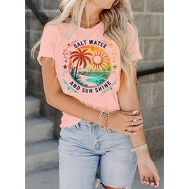 BOMYTAO Salt Water and Sun Shine Shirt Women Coconut Tree Graphic Print T-Shirt Hawaiian Beach Vacations Short Sleeves Tee（Pink,Large）
