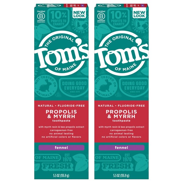 Tom's of Maine Fluoride-Free Propolis & Myrrh Natural Toothpaste, Fennel, 5.5 oz. 2-Pack (Packaging May Vary)