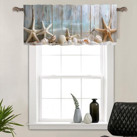 HDESDIS 1 Panel Beach Seashells Curtain Valance for Windows, Coastal Ocean Starfish Rod Pocket Short Window Treatment Decor Drapes for Kitchen, Bathroom, 54" X 18"