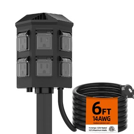 TiFFCOFiO Outdoor Power Strip Waterproof, 24 Hour Mechanical Timer, 6 ft Extension Cord, 6 Grounded Outlets for Outdoor Lights, ETL Listed