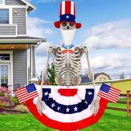 Maiteenly 4th of July 6 Pcs 12 ft Skeleton Accessories Patriotic Skeleton Costume Including Giant Sized Hat Pleated Flag Flag Beard Bowtie for Independence Day Patriotic Garden Lawn Party Decor