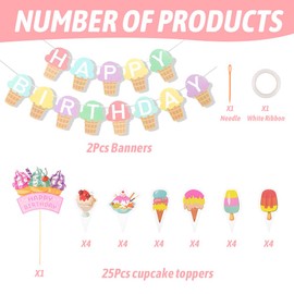 Nyvralora 2 Pack Summer Happy Birthday Banner with 25 Pcs Ice Cream Cupcake Toppers, Ice Cream Birthday Party Decoration for Sweet Summer Ice Cream Birthday Party Decoration Supplies