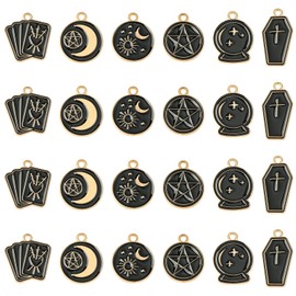 KitBeads 60Pcs 6 Styles Black Tarot Charms Enamel Magic Circle Coffin Charms Celestial Sun Moon Star Charms for Jewelry Making Earring Bracelets Necklaces, Enamel, No Gemstone