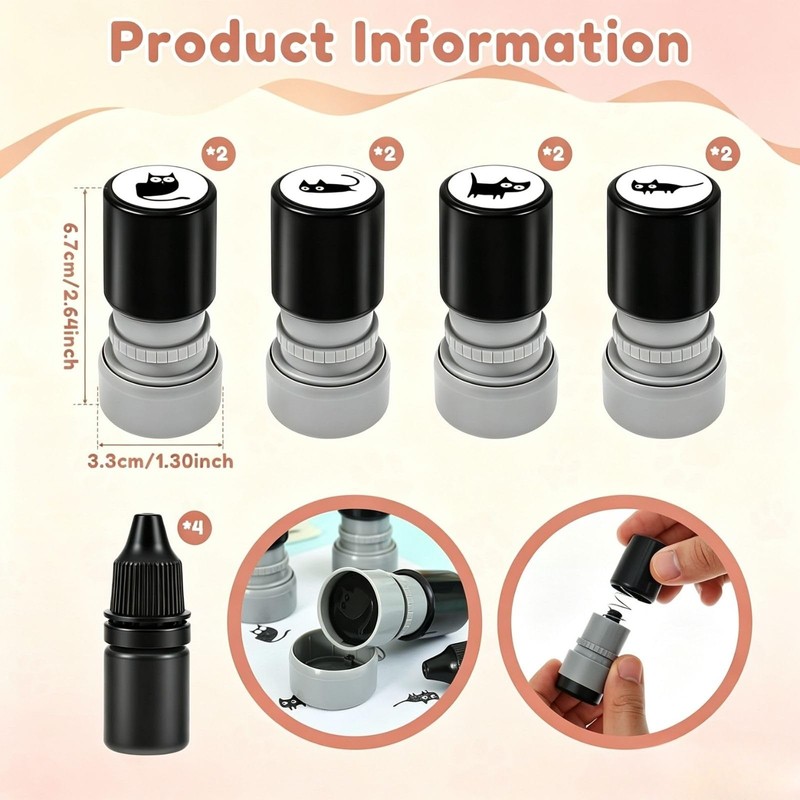 Cat Stamps, Self Inking Black Pattern Mini Kitten Decorative Set