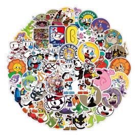 Cuphead Videojuego Taza 50 Calcomanias Stickers Contra Agua