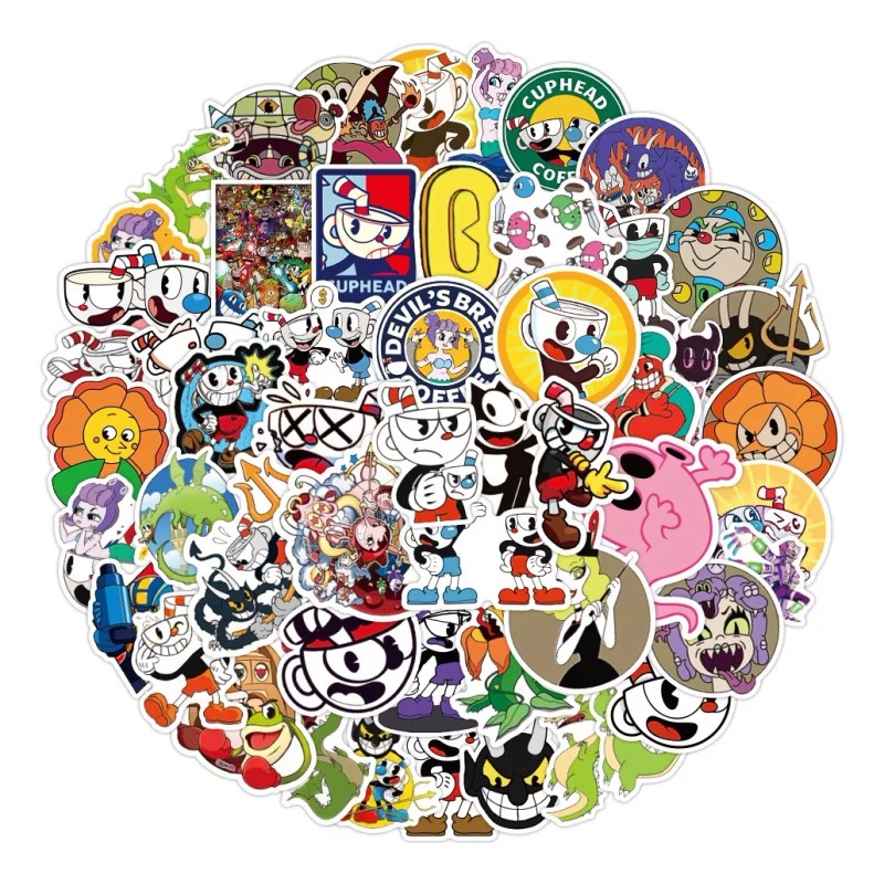 Cuphead Videojuego Taza 50 Calcomanias Stickers Contra Agua