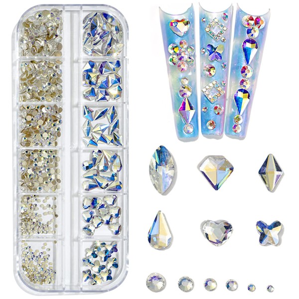 Artquee 660pcs AB Colorful Sparkly Bling 3D Rhinestones for Nail Art DIY Craft Shiny Flat Back Glass Crystal Stones Set Jewels Nail Decorate (60pcs Multi Shapes Gems + 600pcs Round Diamond 6 Sizes)