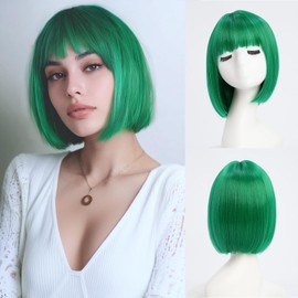 YaissmyLu Short Green Bob Wig with Bangs Straight Bob Wigs for Women Natural Looking Green Synthetic Hair Heat Resistant Fiber Colorful Wig for Costume Cosplay Party(10 inch)