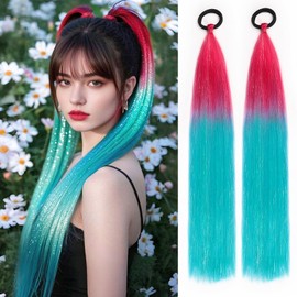 Cielo Hair 2 Pack Tinsel Ponytail Extension with Tie, Tinsel Colored Braided Ponytail, DIY Festival Wacky Rave Braids, Ombre Red to Turquoise, 26 Inch
