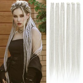 Silver Grey Clip in Dreadlocks Hair Extensions 24 Inch 6 Clips(24strands) Handmade Synthetic Clip In Dreads Extensions for Women(Gray#)